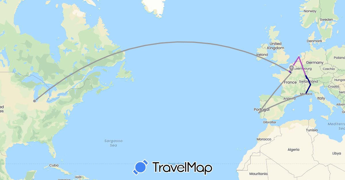 TravelMap itinerary: driving, plane, train in Switzerland, France, Italy, Netherlands, Portugal, United States (Europe, North America)